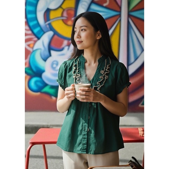 Odille Tops - NWT Anthropologie Y2k BOHO VIBE  Odille Green Ruffle Puff Sleeve Rayon Blouse  S